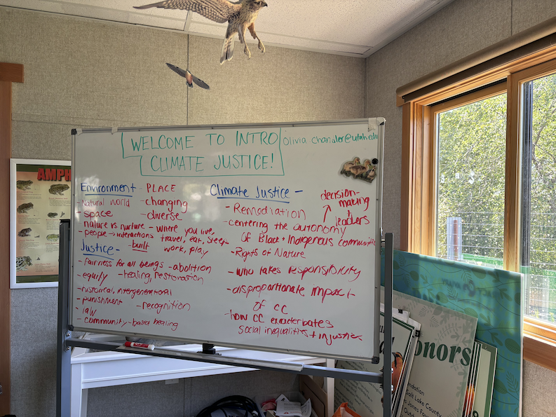 Whiteboard used for Olivia Chandler's class. The whiteboard gives a definition of climate justice. 